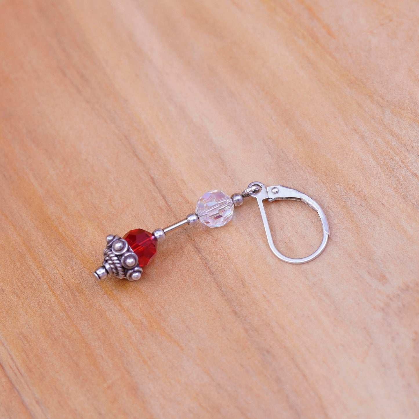 Vintage Sterling 925 silver handmade earrings with clear red Swarovski crystal