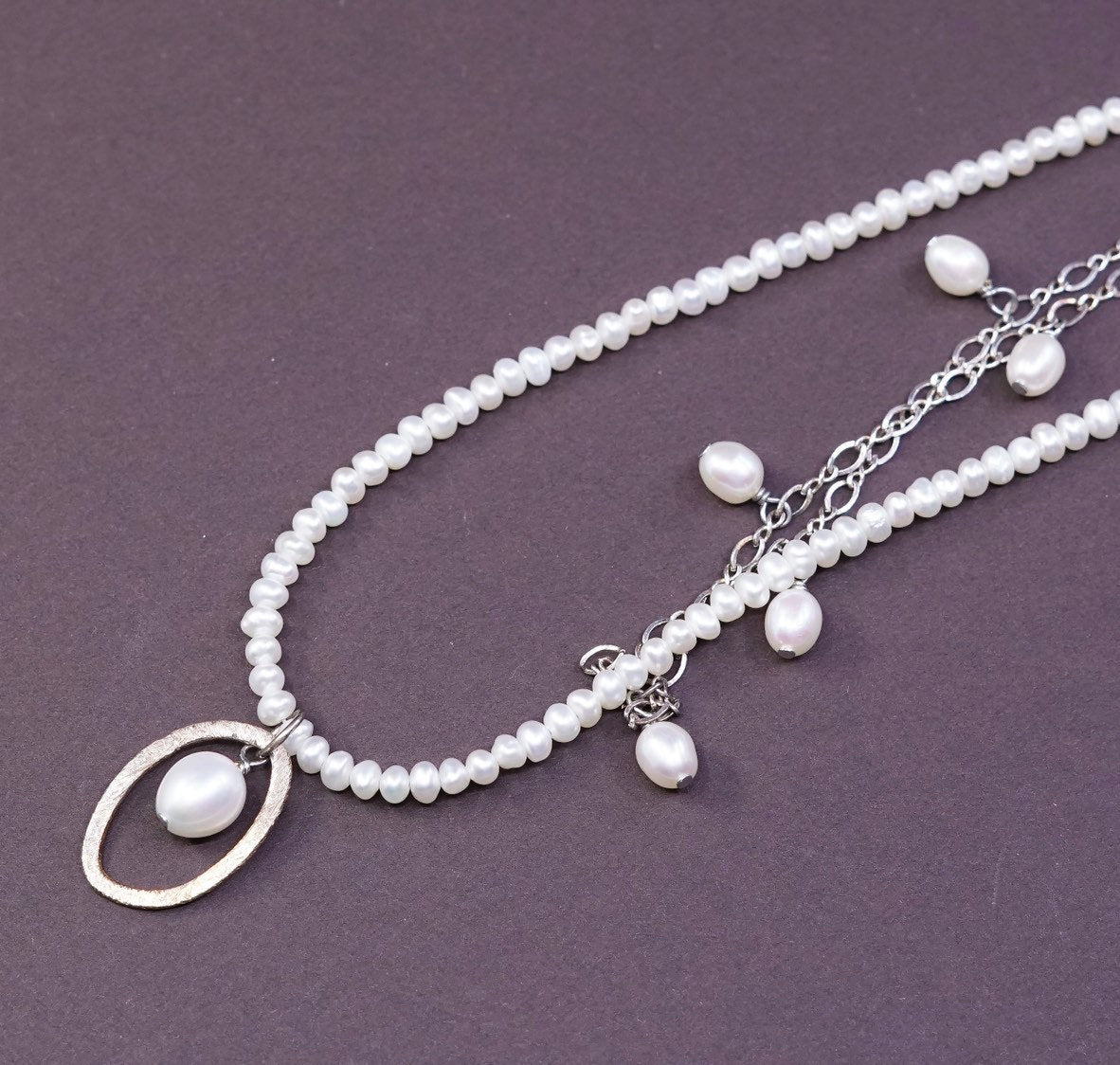 16", sterling silver handmade necklace, 925 figaro chain w/ freshwater pearl