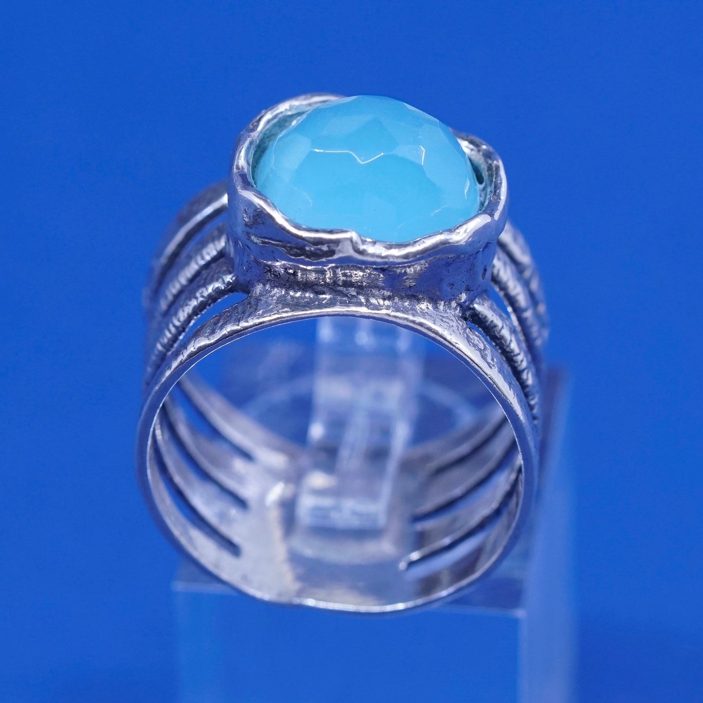 sz 9.5, vtg Israel sterling 925 silver handmade ring with aqua blue chalcedony
