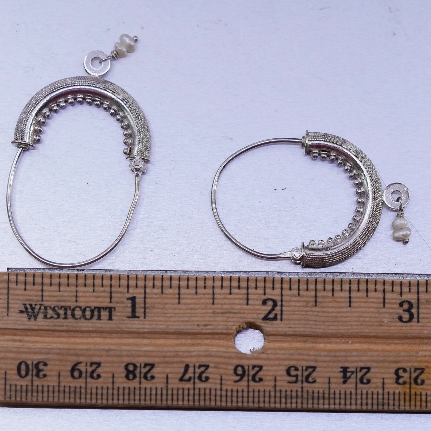 1.5”, vintage Sterling silver handmade earrings, wired 925 textured hoops pearl