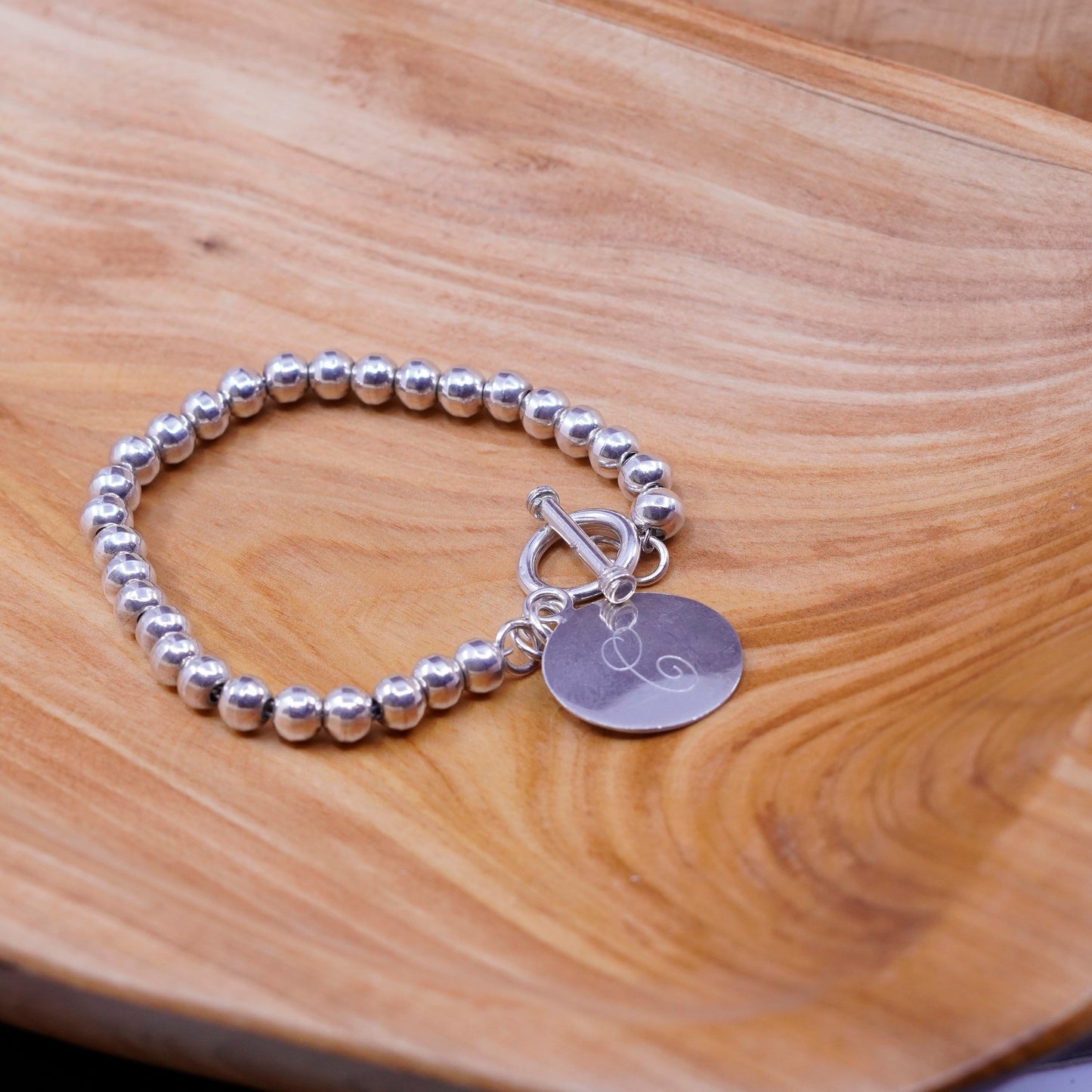 7”, Sterling 925 silver handmade beads bracelet round charm engraved initial “C