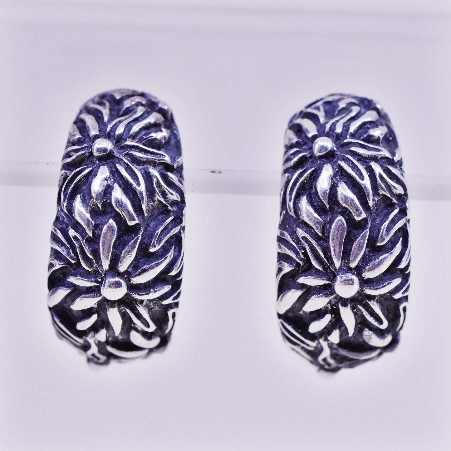 Vintage sterling silver handmade huggie studs, filigree 925 floral earrings