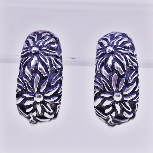 Vintage sterling silver handmade huggie studs, filigree 925 floral earrings