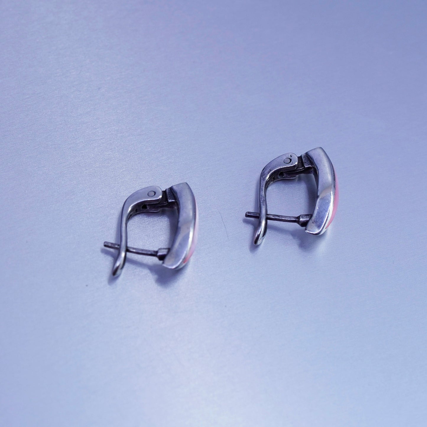 0.75”, Sterling silver handmade earrings, 925 huggie hoops pink mother of pearl