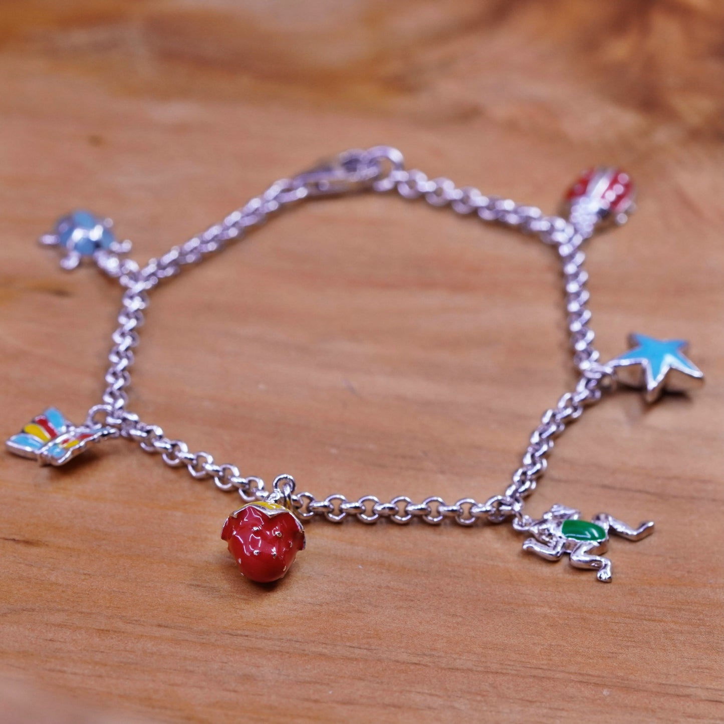 7.25”, Sterling silver bracelet, Italy 925 circle chain enamel frog butterfly