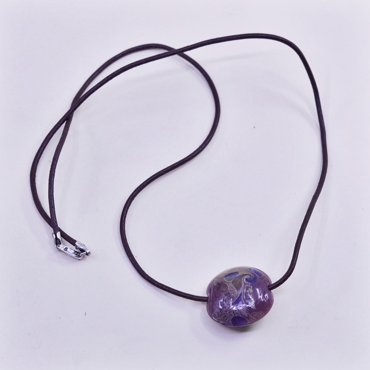 18", sterling 925 silver necklace brown leather core artisan glass pendant