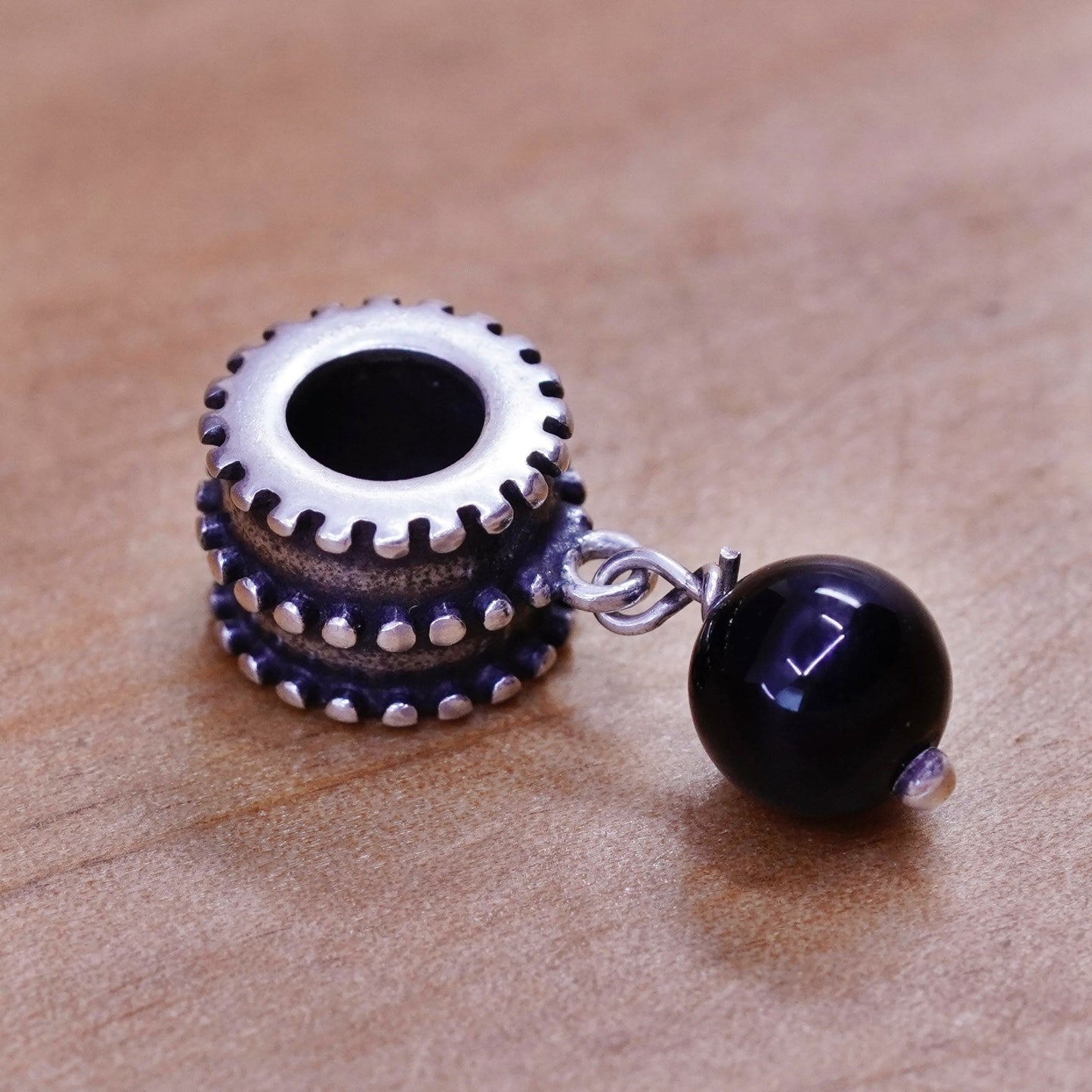 Vintage Sterling 925 silver handmade pendant charm with obsidian bead