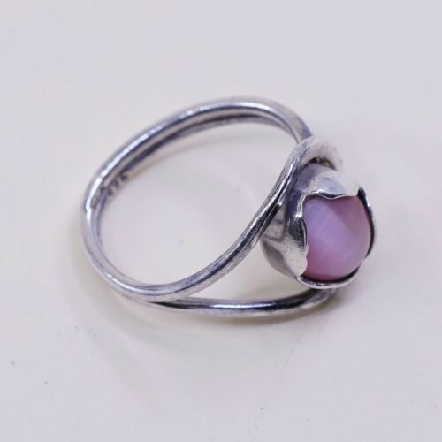 Sz 5.25, Vintage Handmade Sterling Silver Ring W/ Pink Tiger Eye, Stamped 925
