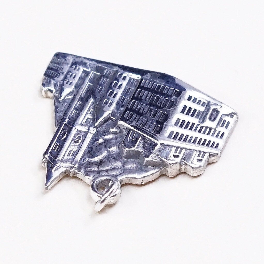 vtg Jostens Sterling silver city view pendant, 925 silver building charm