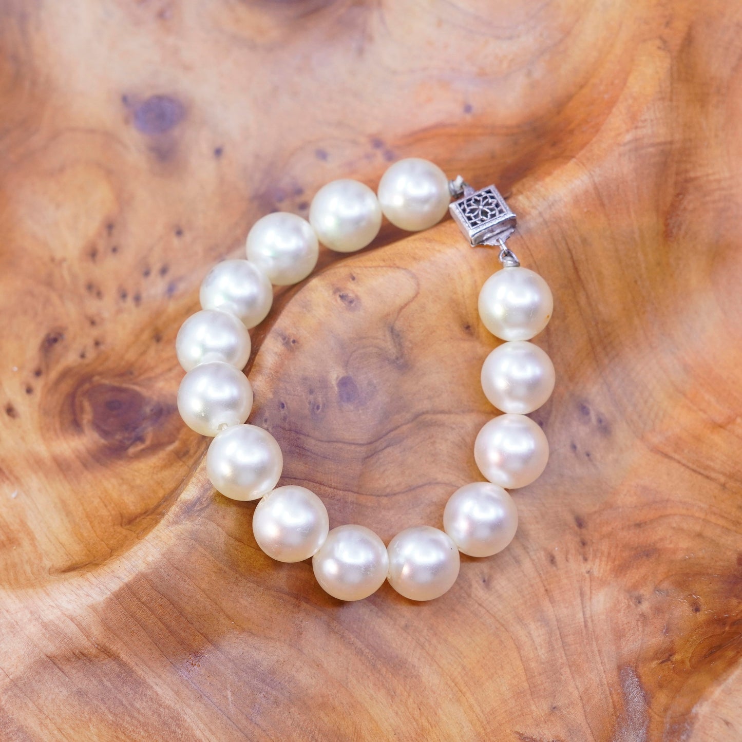 6”, Vintage Sterling silver handmade bracelet, pearl beads chain with 925 clasp