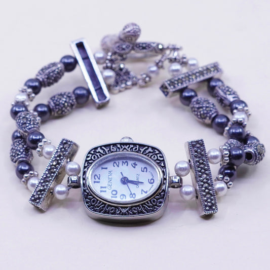 6”, Vintage Geneva watch with Sterling 925 watch band and pearl marcasite