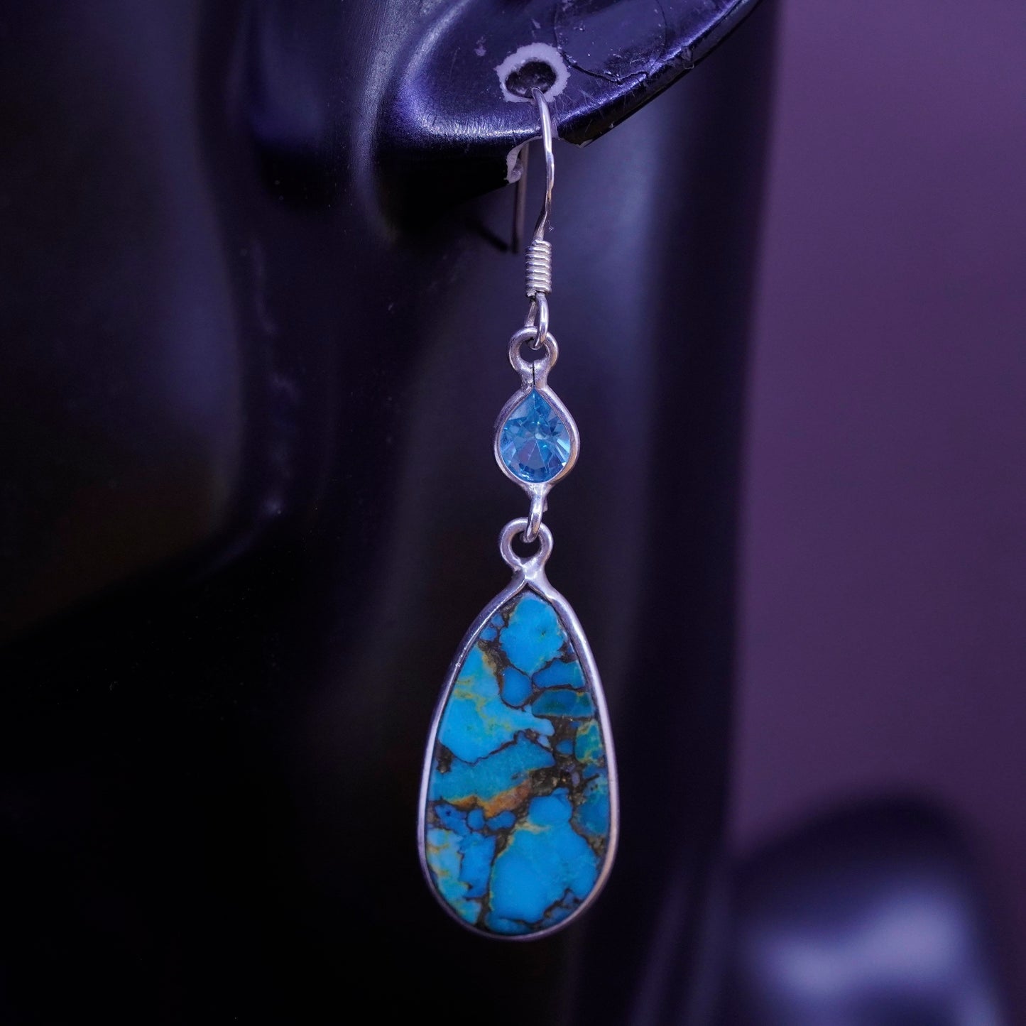Vintage Sterling 925 silver handmade teardrop earrings with turquoise and topaz