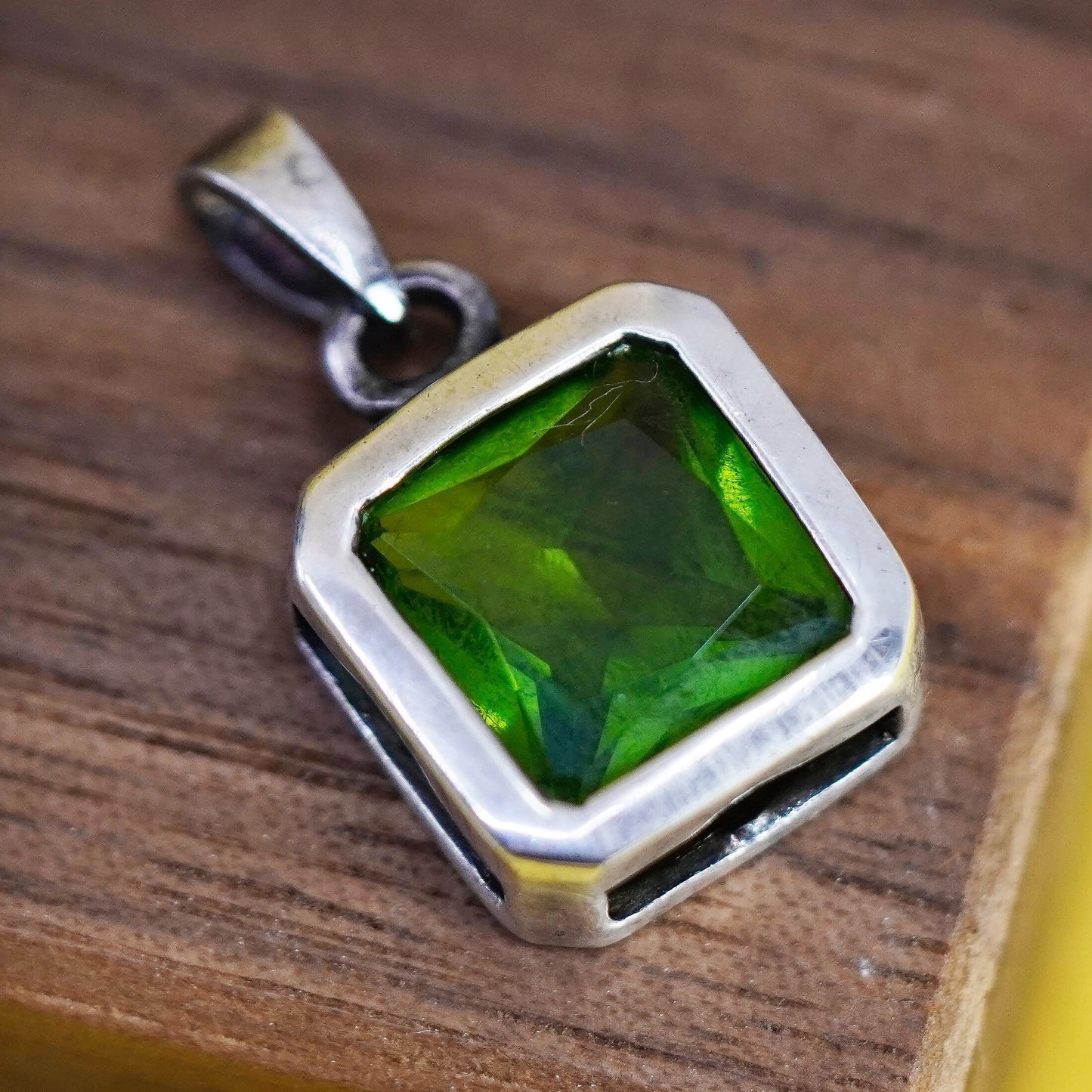 Vintage Sterling silver handmade pendant, 925 square with green crystal