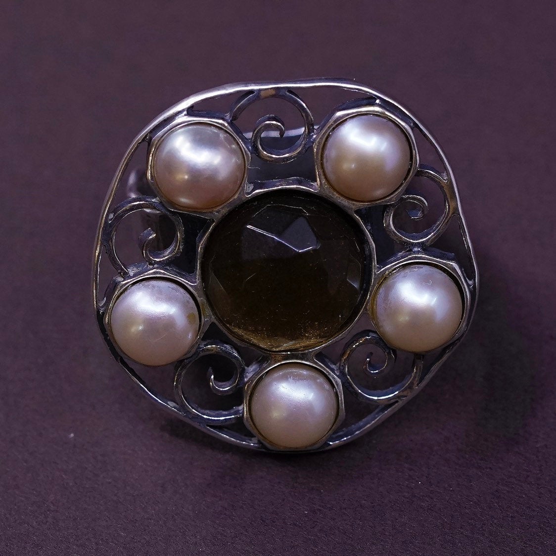 sz 9, JL Israel Sterling silver handmade ring, 925 flower w/ pear N smoky topaz