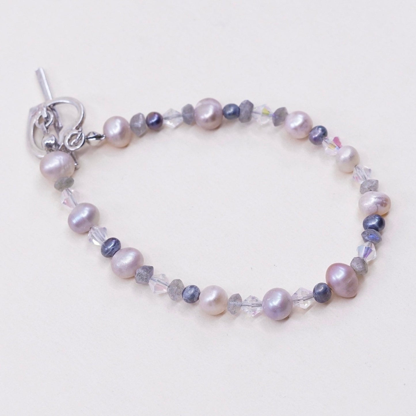 6.75”, vtg Sterling 925 silver handmade bracelet, pearl w/ crystal N heart