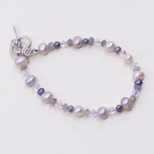 6.75”, vtg Sterling 925 silver handmade bracelet, pearl w/ crystal N heart