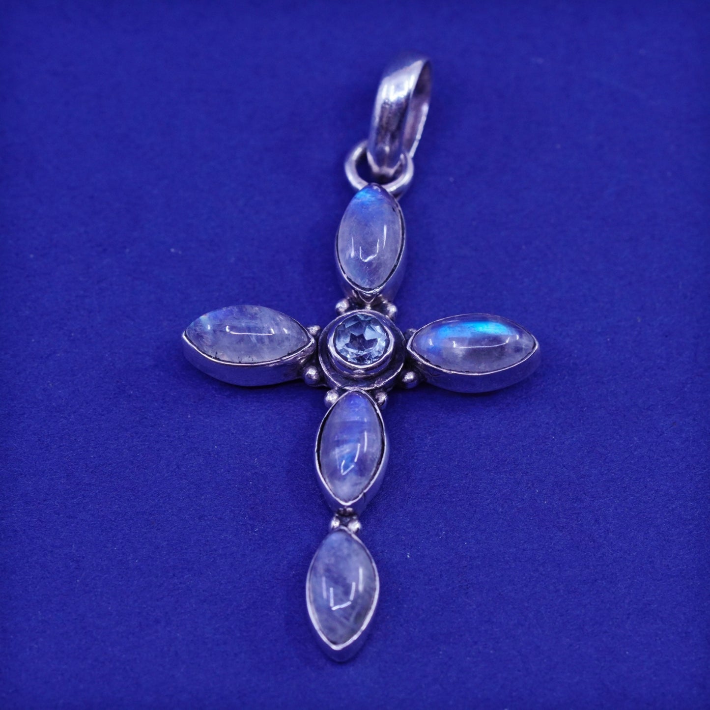 Vintage Sterling 925 silver handmade cross pendant with topaz and moonstone