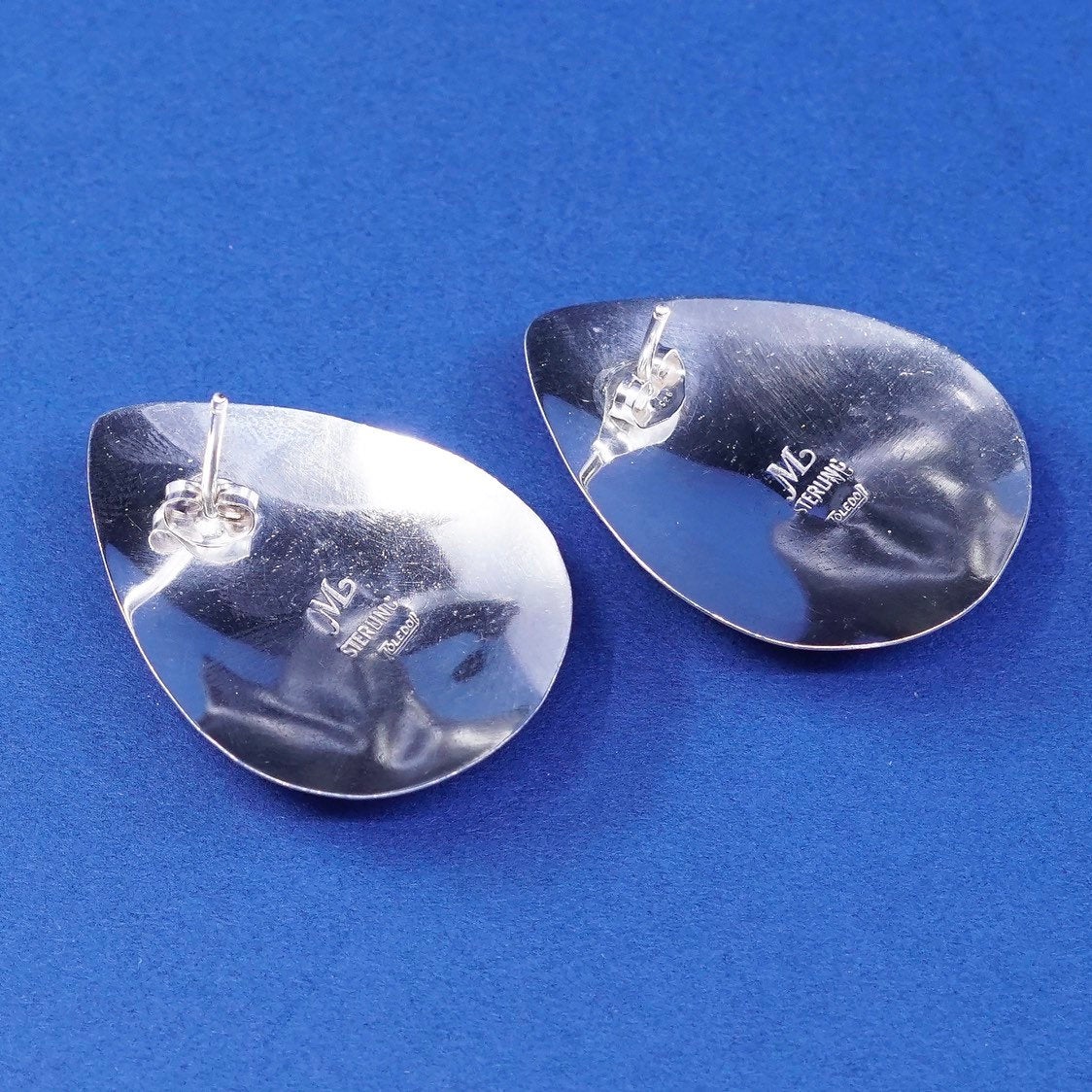 vtg Plata sterling 925 silver handmade earrings, mexico 925 studs w/ blue onyx