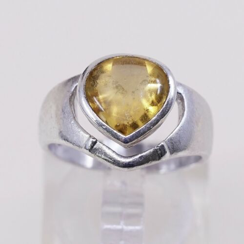 Sz 6, Sterling Silver handmade Ring, 925 Silver W/ Heart citrine, Stamped 925
