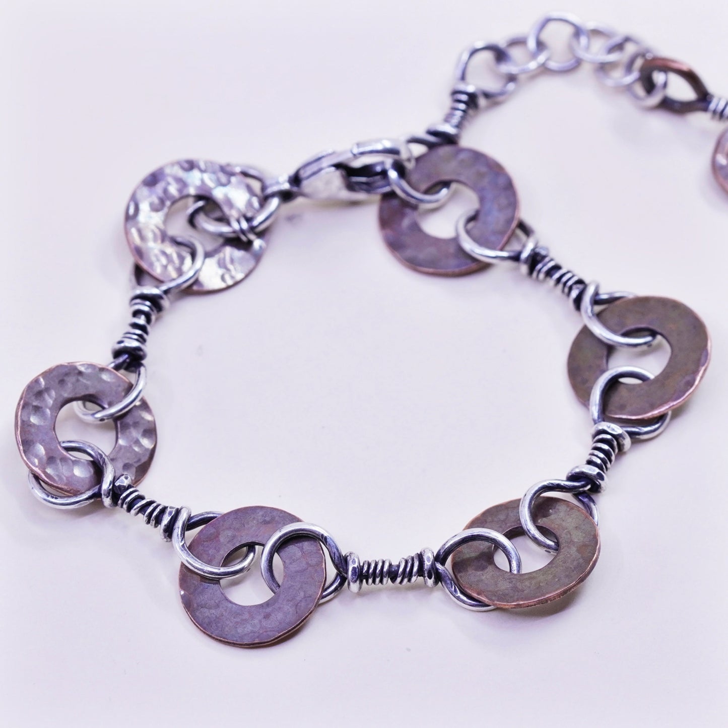 6.25”, Vintage sterling 925 silver bracelet with copper disc
