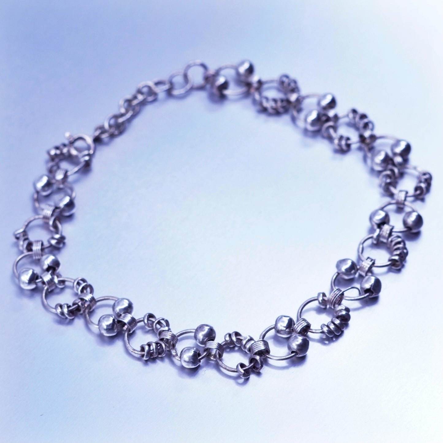8.25”, Sterling 925 silver handmade bracelet, circle charm chain with beads
