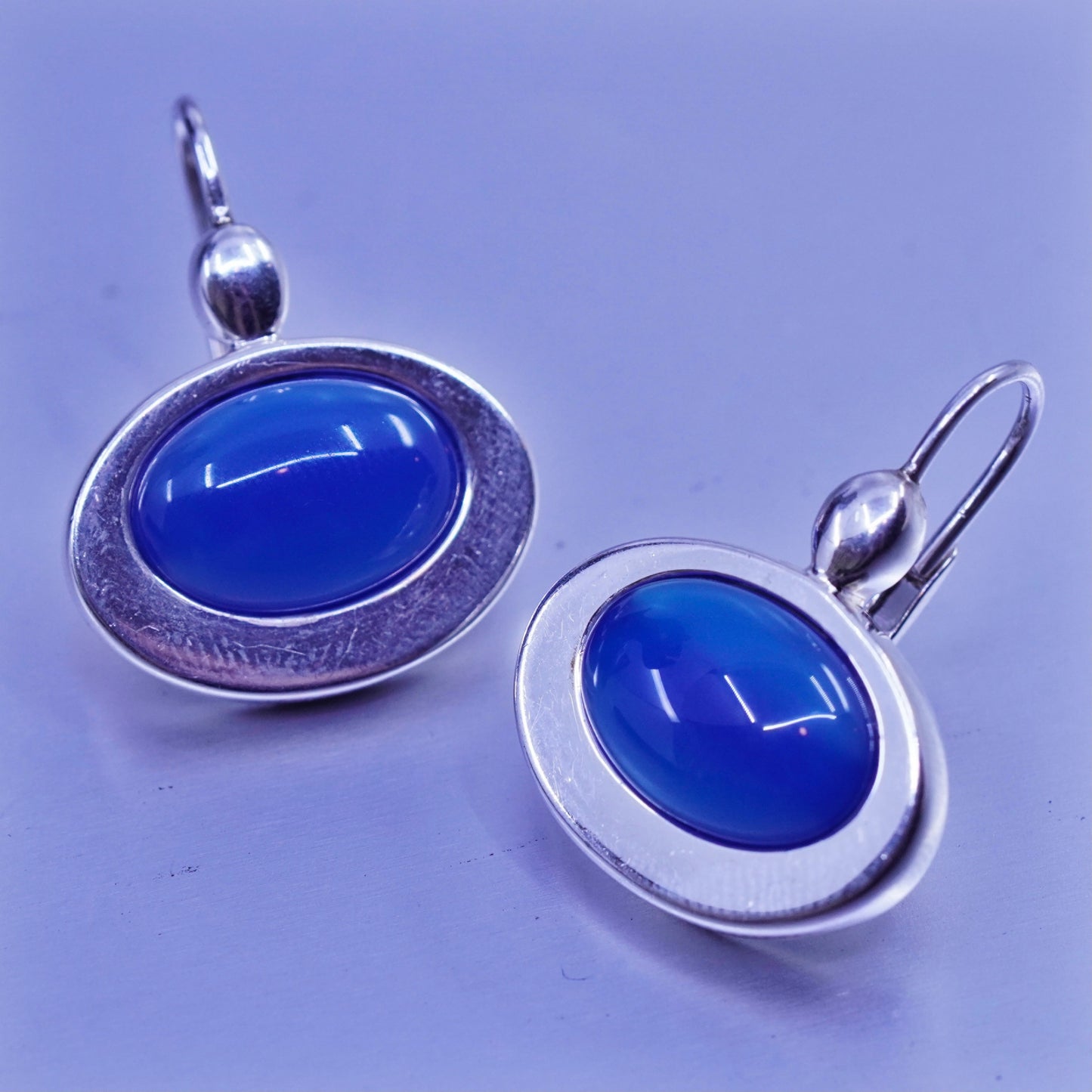 Vintage Sterling 925 silver oval earrings with blue cats eye beads