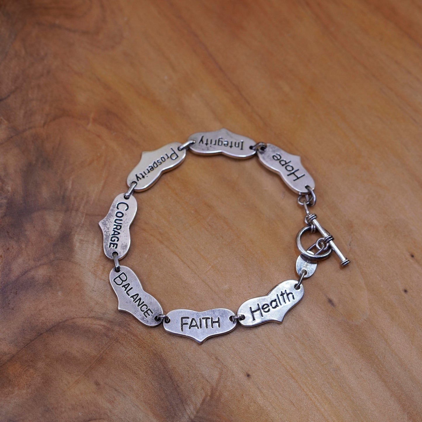 7.5”, Sterling silver bracelet, 925 heart chain “courage, faith, health, hope,