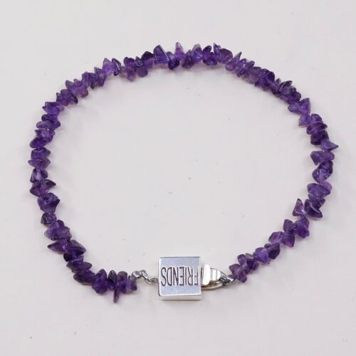 7”, Vtg Sterling 925 Silver Handmade Bracelet W/ Amethyst Nuggets N “friends”