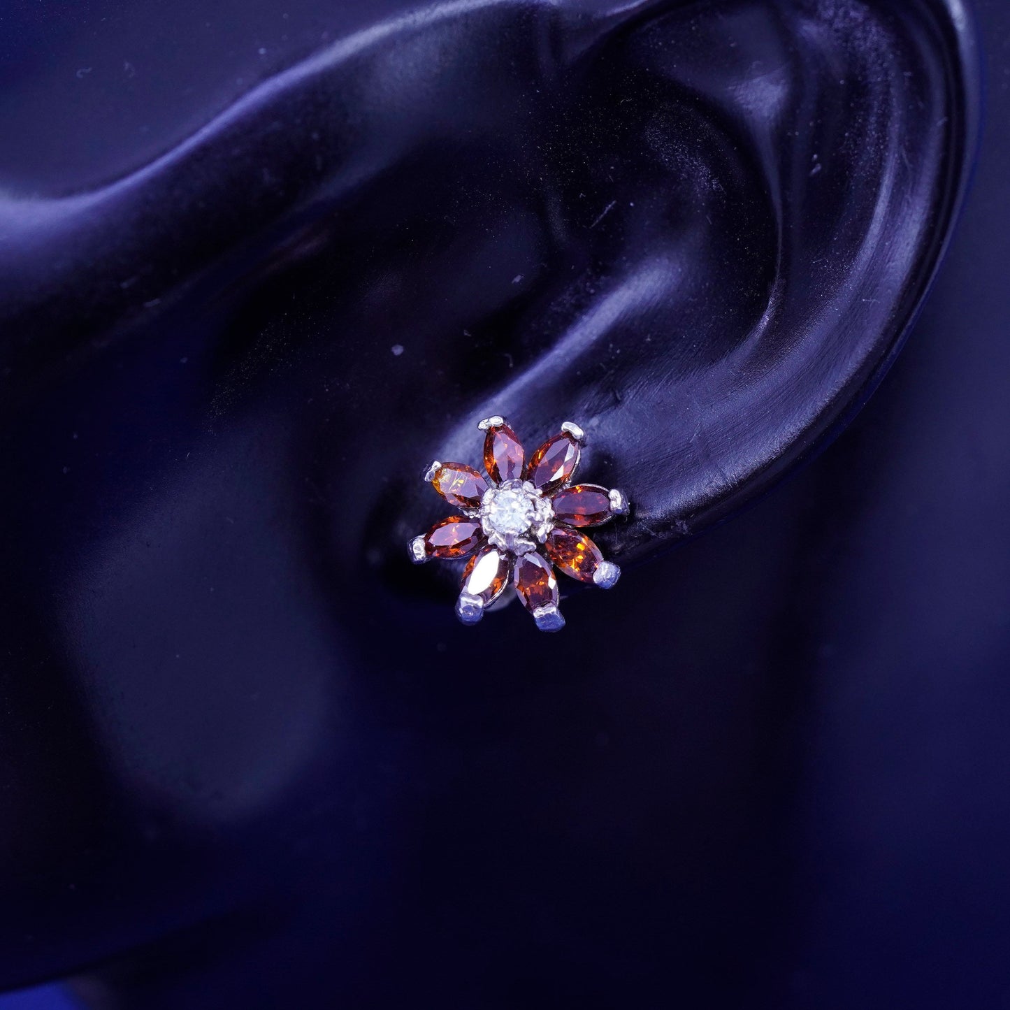 Vintage Sterling silver handmade earrings, 925 flower studs with ruby