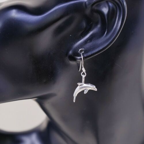 Vintage Sterling 925 Silver Handmade Dolphin Fish dangle earrings, Stamped 925