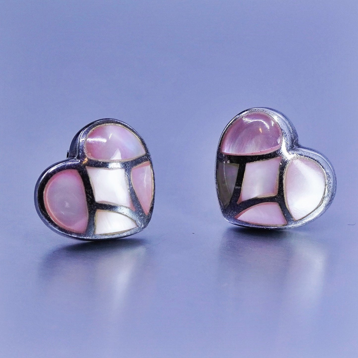 Vintage Sterling 925 silver earrings, heart studs with pink mother of pearl