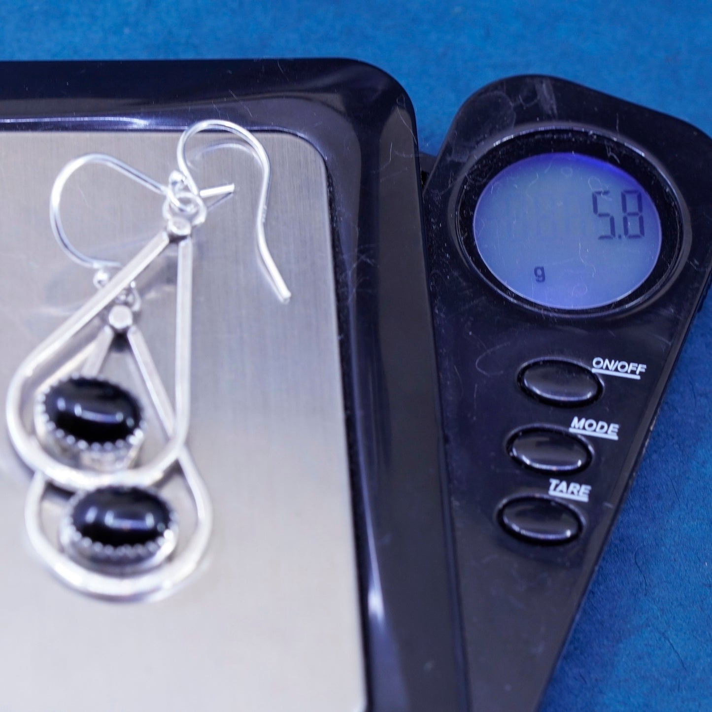 Native American AMB sterling 925 silver handmade teardrop earrings w/ obsidian