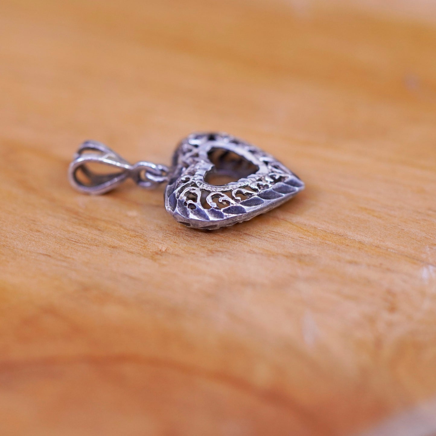 Vintage Sterling silver handmade pendant, 925 filigree puffy heart