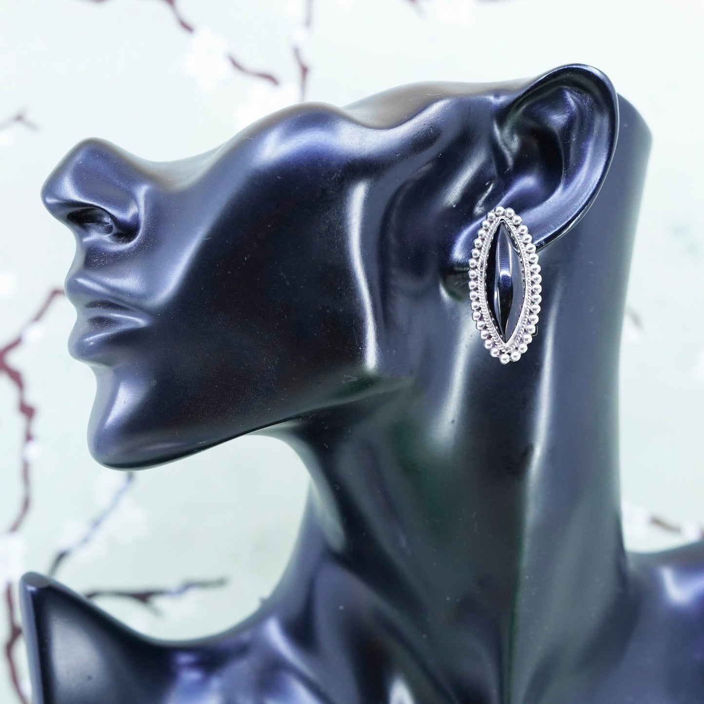 Vintage sterling 925 silver handmade screw back earrings with obsidian beads