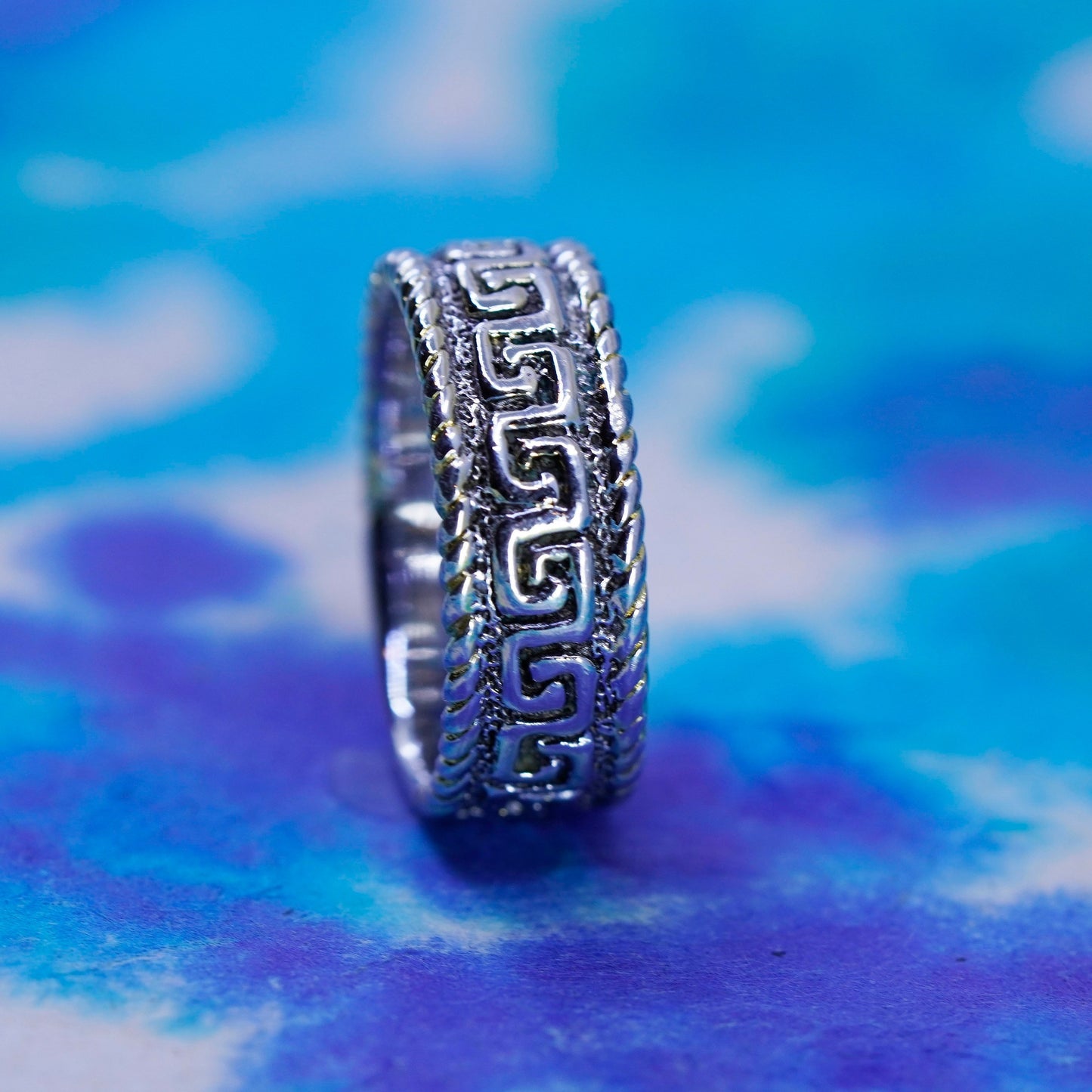 Size 7.5, vintage sterling silver handmade ring, 925 band embossed Greek key