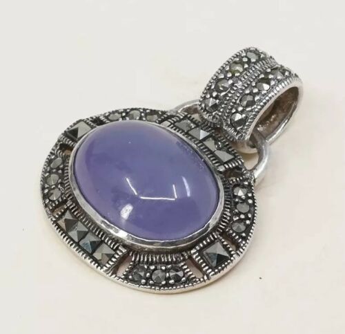 Vtg Sterling 925 Silver Handmade Pendant w/ marcasite N Purple Jade