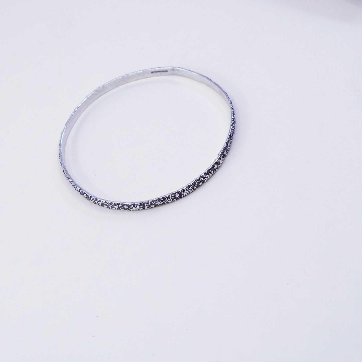 8.25”, vintage sterling 925 silver handmade floral textured bracelet, bangle