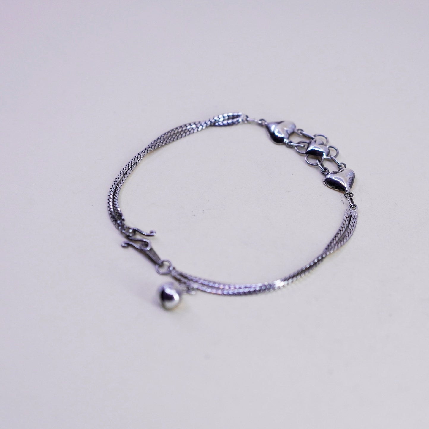 7.5”, Sterling Silver Handmade Bracelet, 925 curb chain with heart bell chime