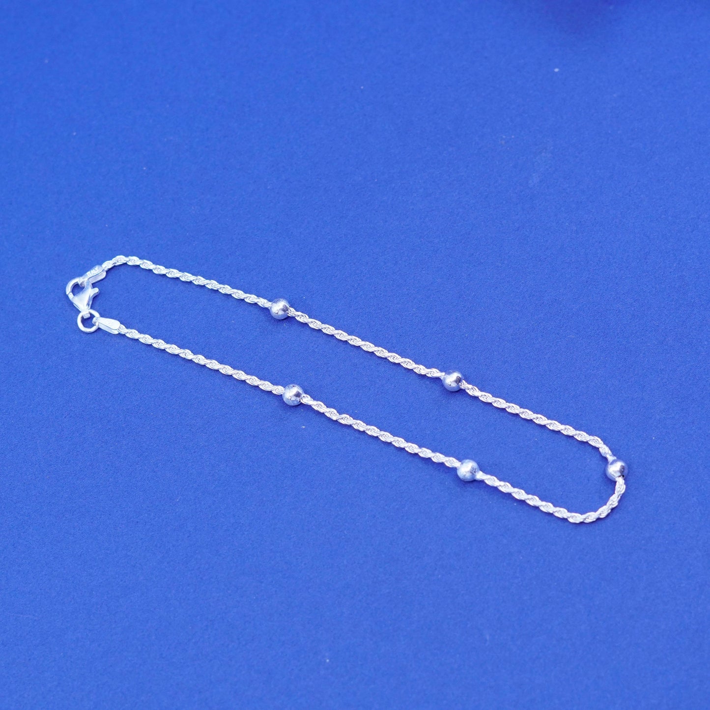 9.5”, vintage sterling silver handmade bracelet, 925 rope anklet chain beads