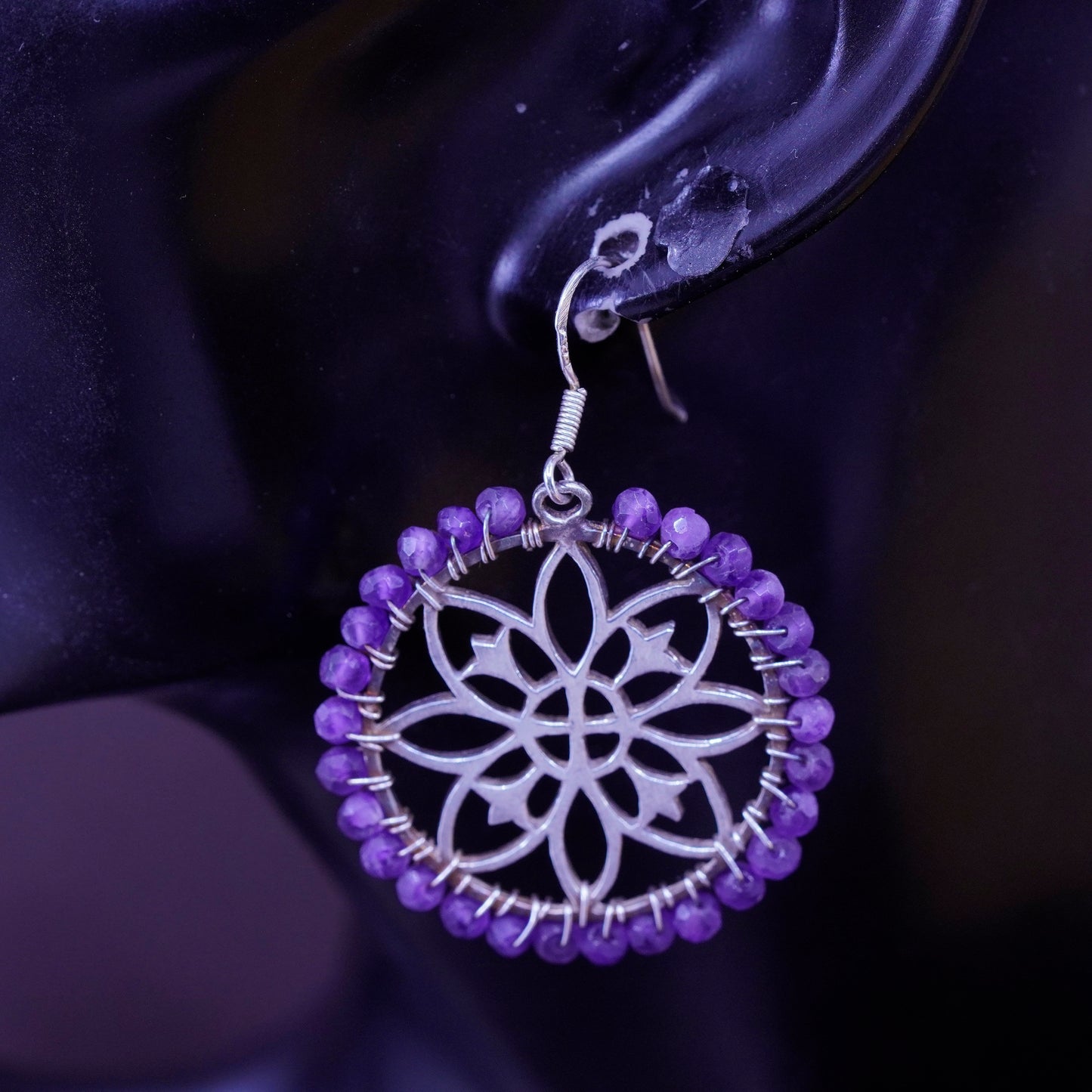 Sterling silver handmade earrings, 925 swirl flower dangles cluster amethyst