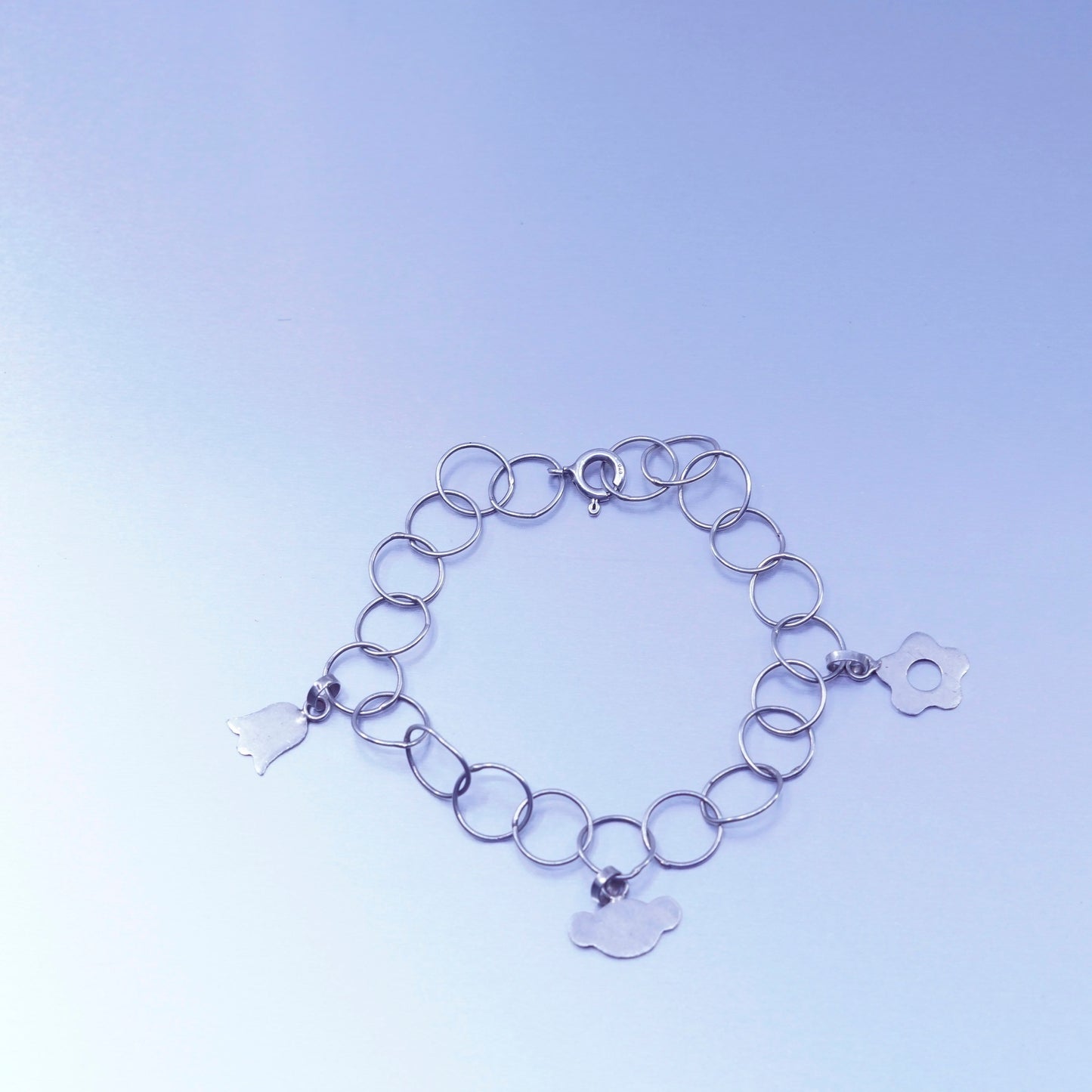 7.25”, Sterling 925 silver bracelet, circle chain flower teddy bear charms