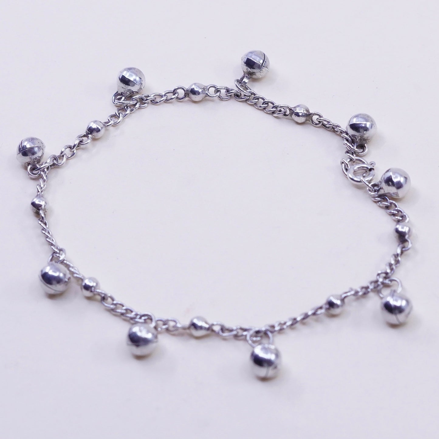 9”, Sterling Silver Bracelet, 925 belly dancer chain anklet chime bell charms
