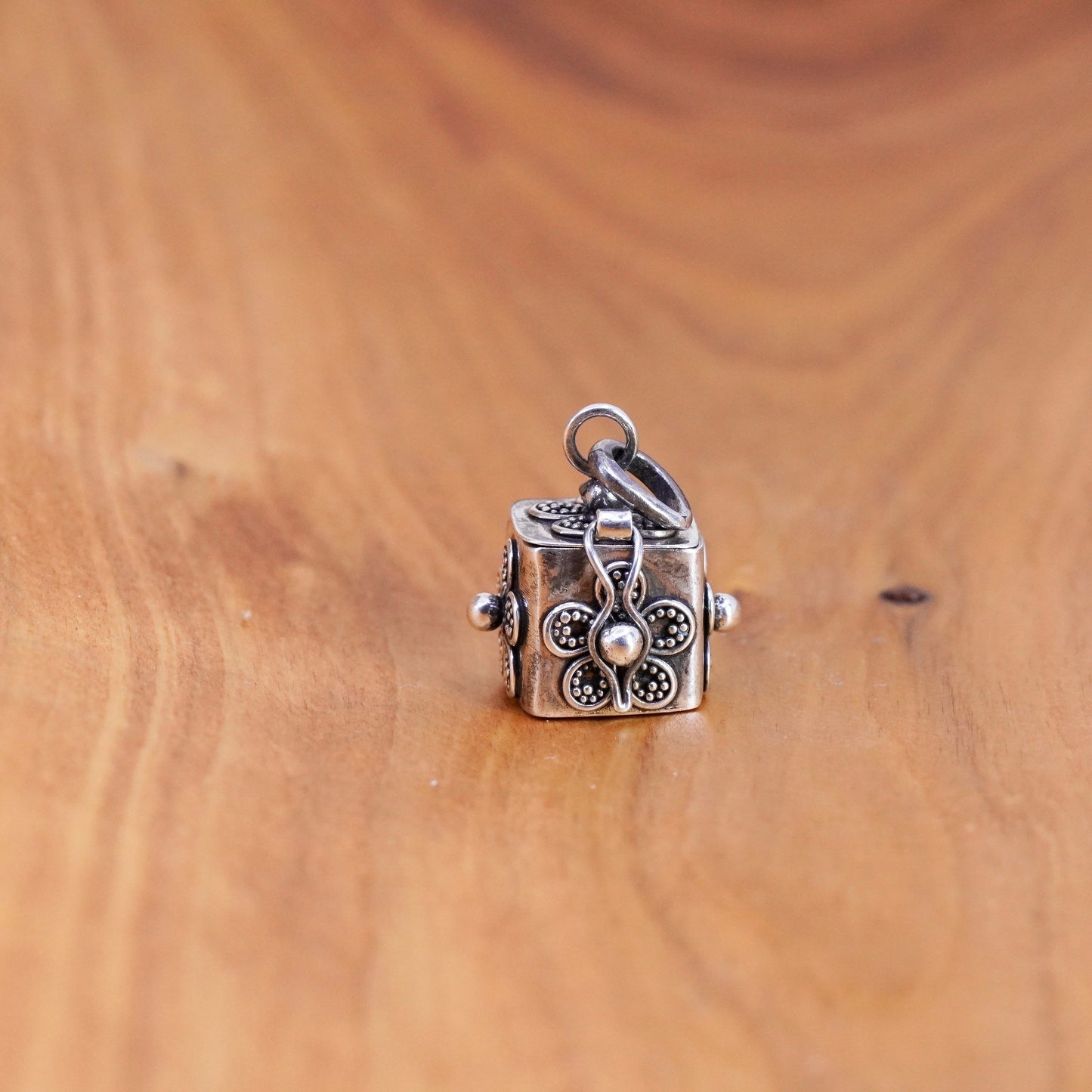 vtg Sterling silver prayer box pendant, 925 handmade locket charm lucky clover
