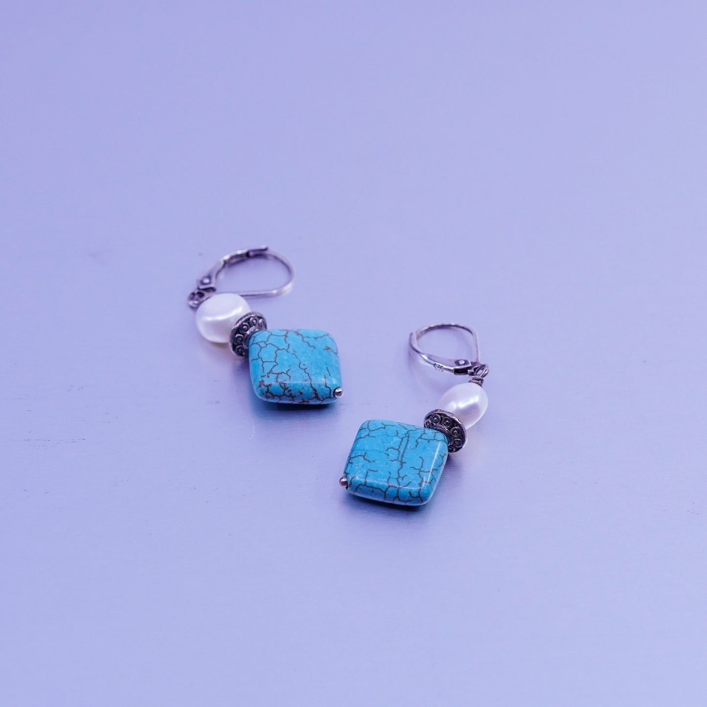 Vintage Sterling 925 silver handmade earrings with square turquoise and pearl