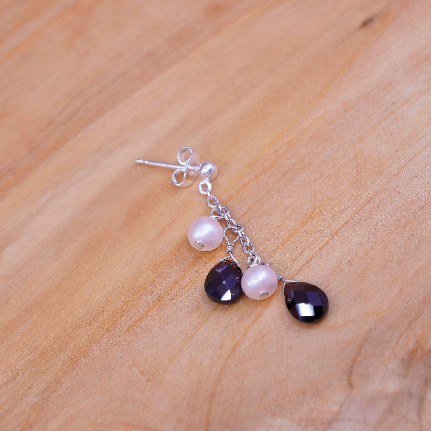 Vintage Sterling 925 silver handmade earrings w/ pearl N teardrop ruby dangles