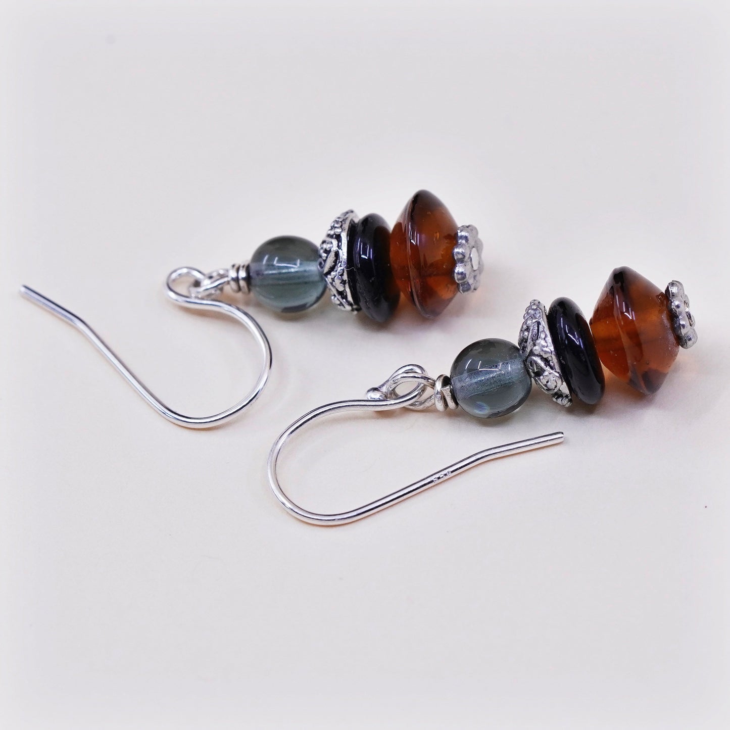 Vintage Sterling silver handmade earrings, 925 hook with amber obsidian beads