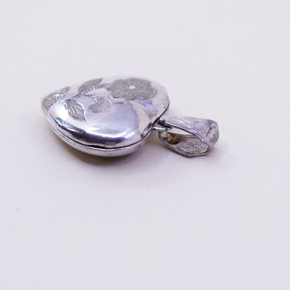 Vintage sterling silver photo locket charm pendant, flower textured 925 heart
