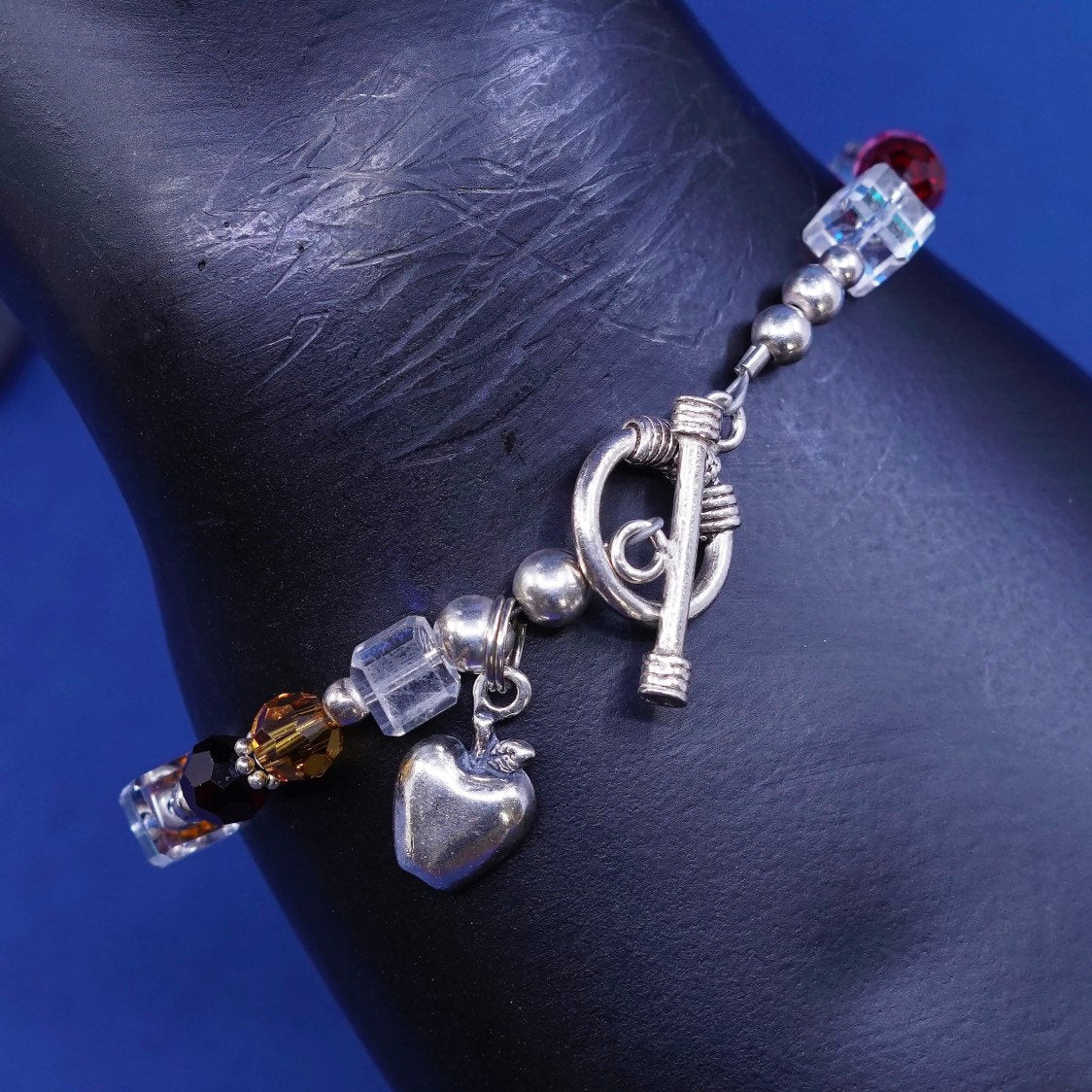 7”, sterling silver handmade bracelet 925 Apple charm w/ crystal beads N toggle