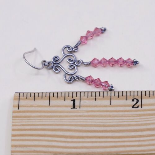 Vtg Sterling 925 silver Handmade Swirly Heart earrings w/ Pink Crystal Dangles