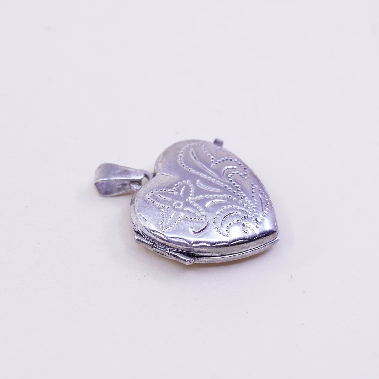 Vintage sterling silver photo locket charm pendant, textured 925 heart